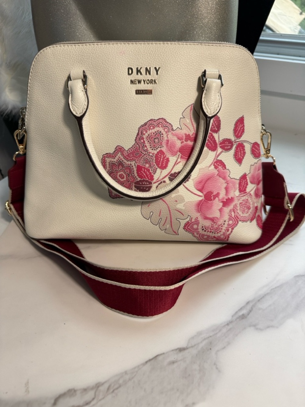 DKNY Cream 2 way Satchel with Pink Floral Print and Maroon Strap